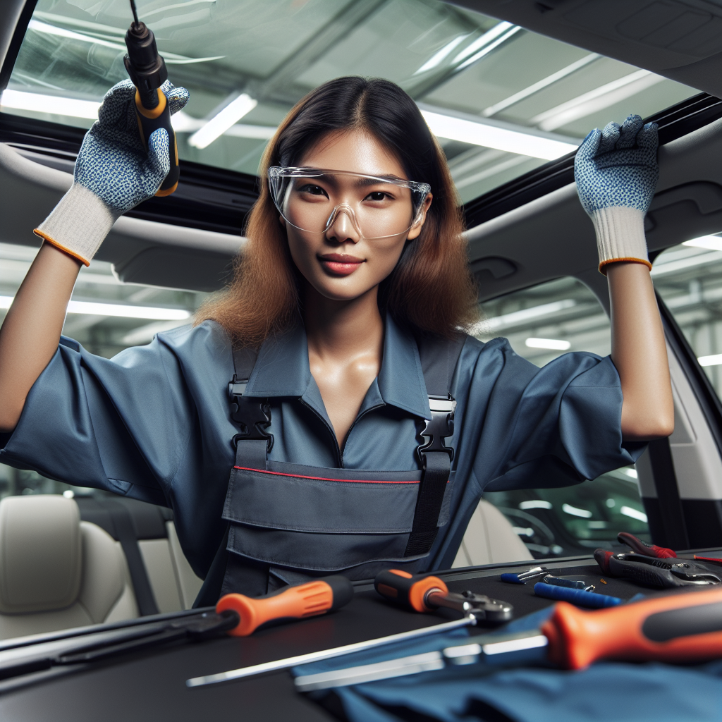 Realistic image of technician repairing panoramic sunroof.