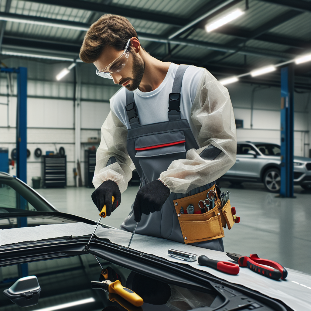 Realistic stock image of technician repairing sunroof.